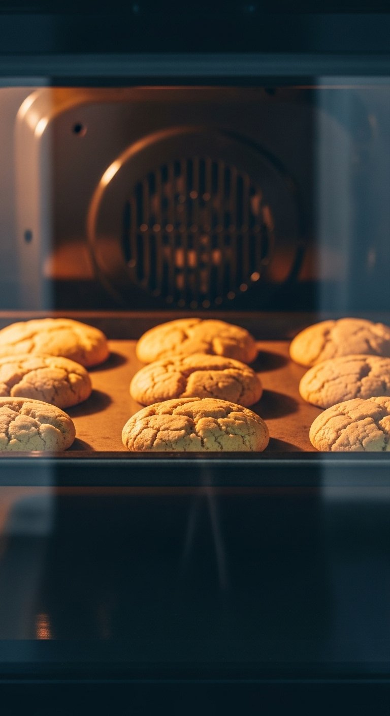 Golden Brown Biscoff Cookies Baking On A Sheet Seen Through The Warm Glow Of An Oven Door.