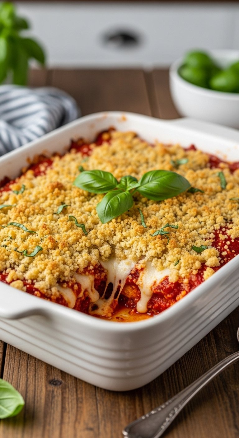 Golden Brown Chicken Parmesan Casserole With Melted Cheese And Basil In A Rustic White Dish.
