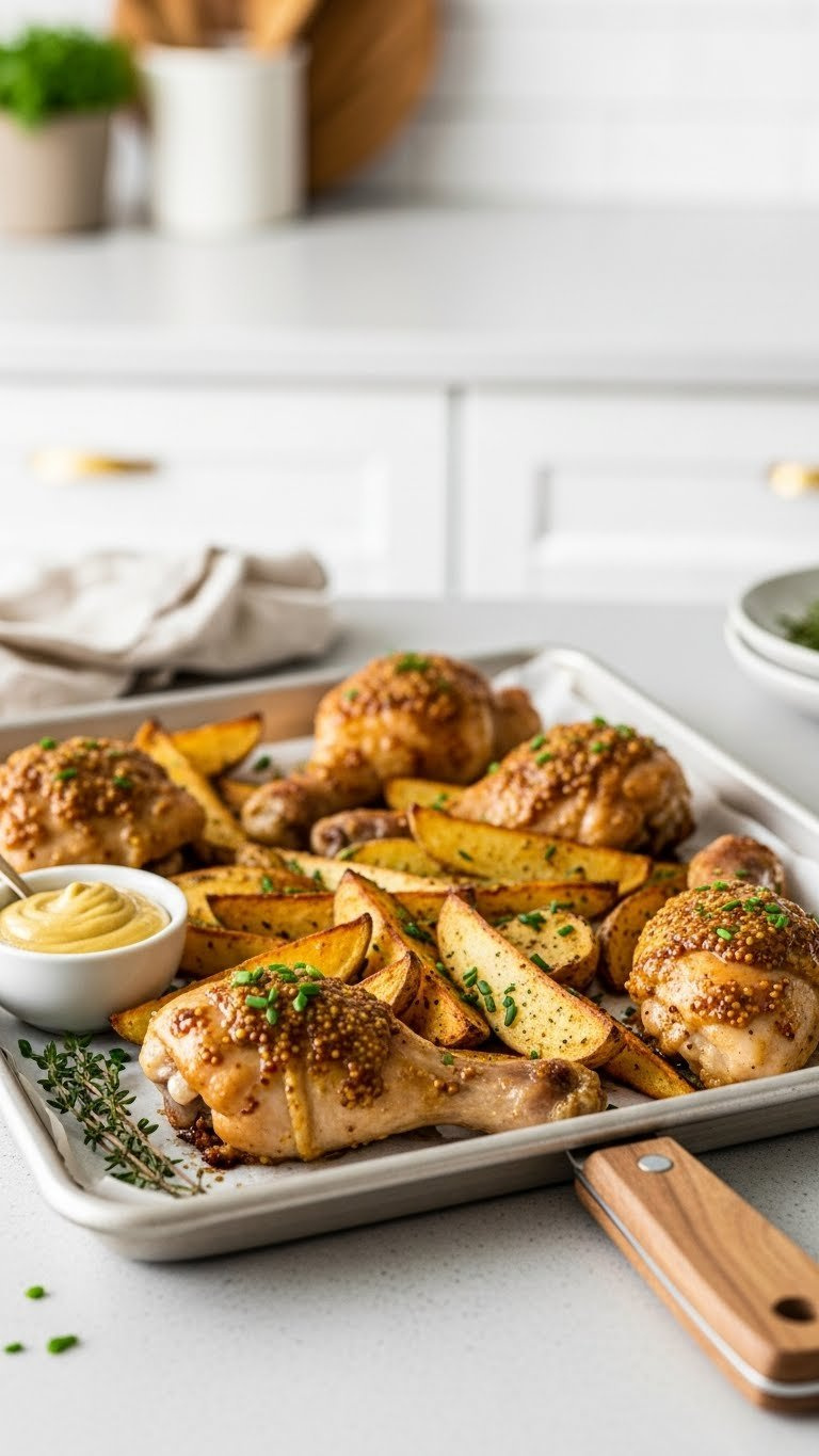 Golden-Brown Dijon Mustard Chicken Drumsticks With Potato Wedges On Sheet Pan With Thyme Garnish