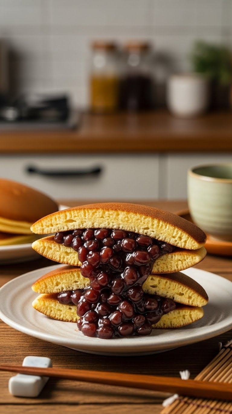 Golden-Brown Dorayaki, Japanese Red Bean Pancakes With Rich Anko Filling, On Rustic Wood With Green Tea And Bamboo Mat.