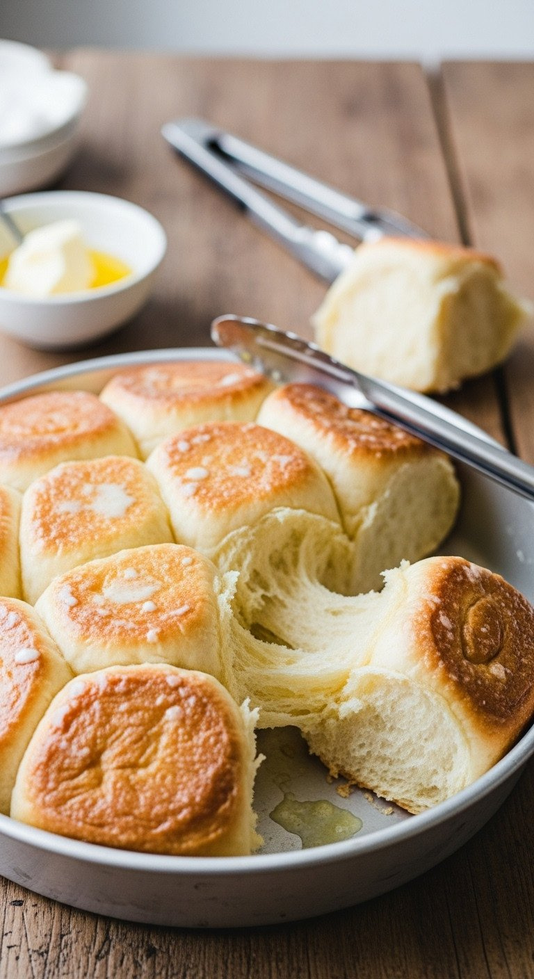 Golden-Brown Flaky Dinner Rolls, Fresh From Oven In A Round Pan, Brushed With Butter, On A Rustic Wooden Table.