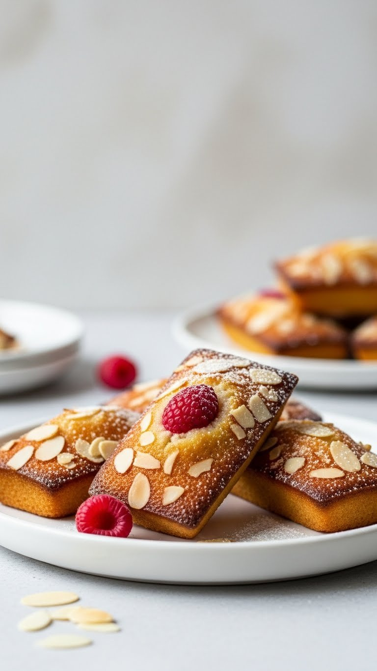 Golden-Brown French Financiers, Almond Cakes Topped With Raspberries, On White Platter. Elegant Pastry.