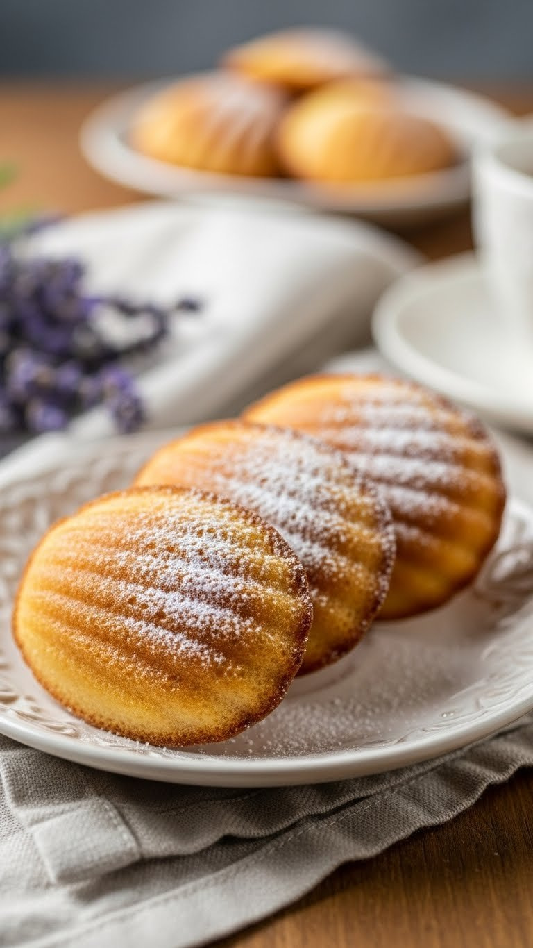 Golden Brown French Madeleines With Delicate Humps, Dusted Powdered Sugar, On A Vintage Plate, Soft Light.