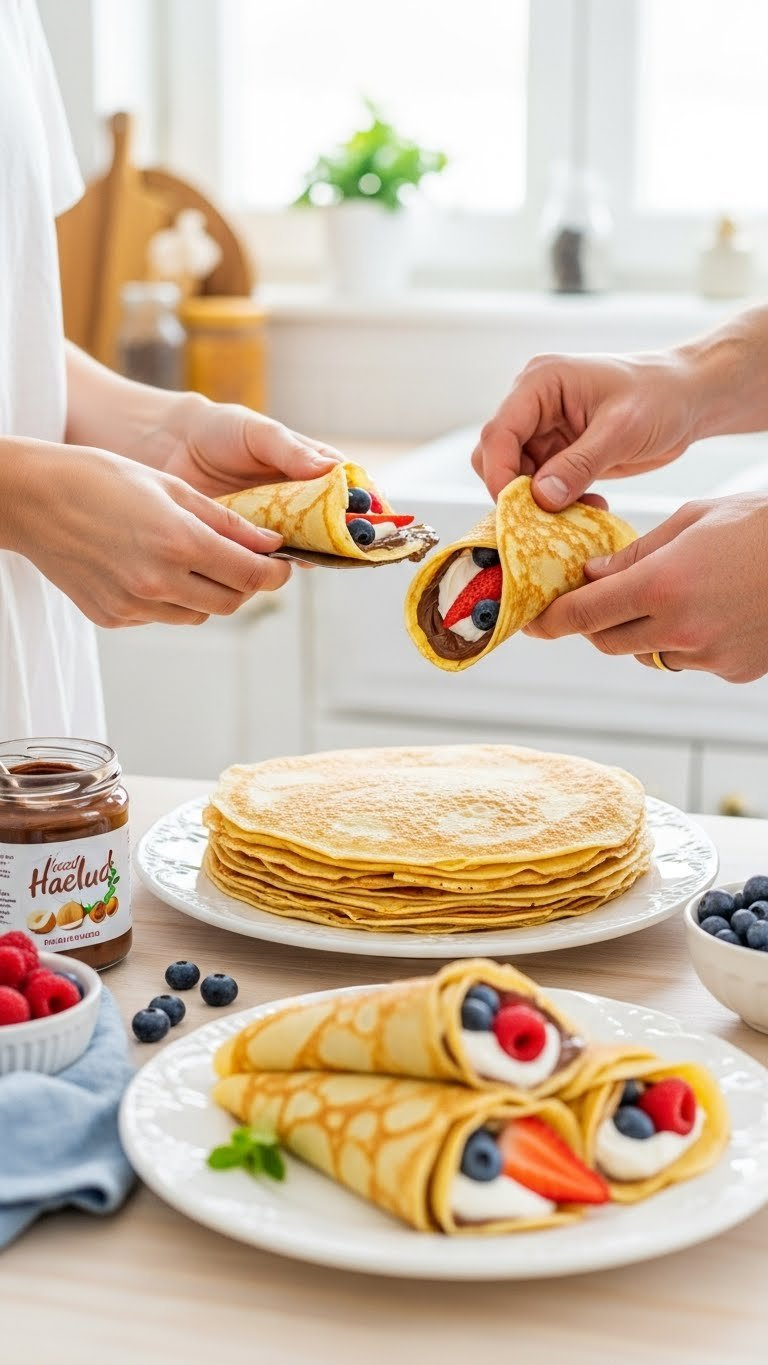 Golden-Brown French Crêpes Artfully Folded With Berries And Chocolate Spread On Elegant Porcelain Serving Platter