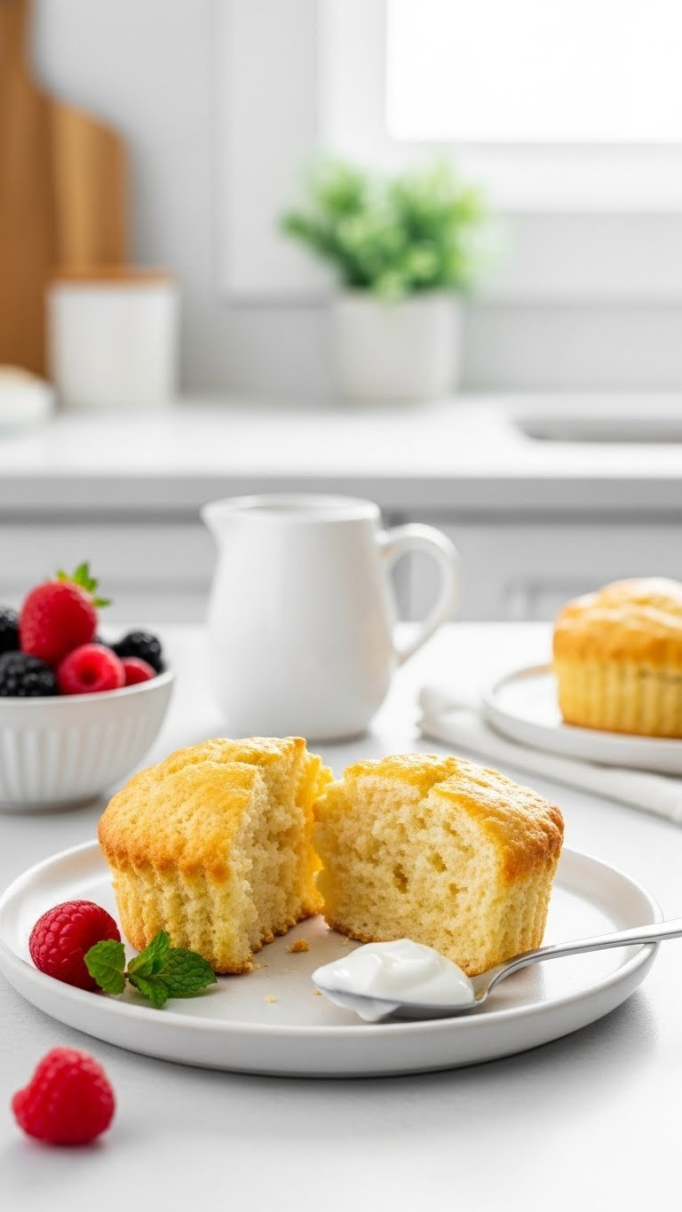Golden Brown Greek Yogurt Cupcake Split Open With Fluffy Interior, Fresh Berries Garnish On Light Ceramic Plate.