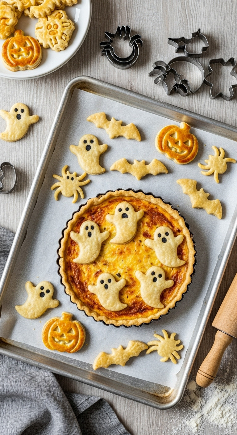 Golden-Brown Halloween Pastry Cutouts: Ghosts, Bats, Pumpkins, Spiders On Parchment Paper. Ready For Spooky Quiche Decor.