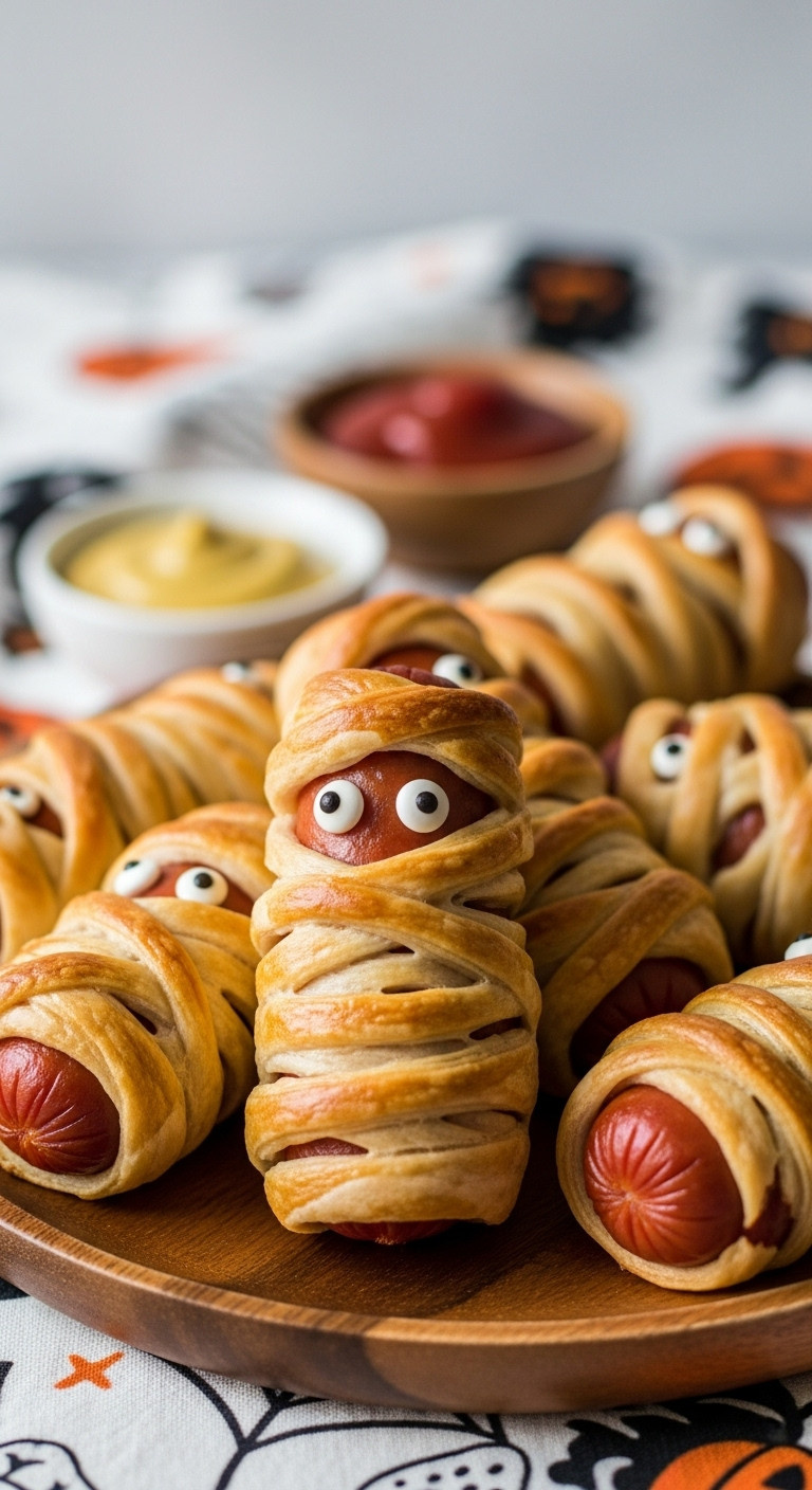 Golden-Brown Halloween Sausage Mummies With Candy Eyes On A Rustic Platter, Cozy Golden Hour Light, Blurred Festive Background, Dipping Sauce.