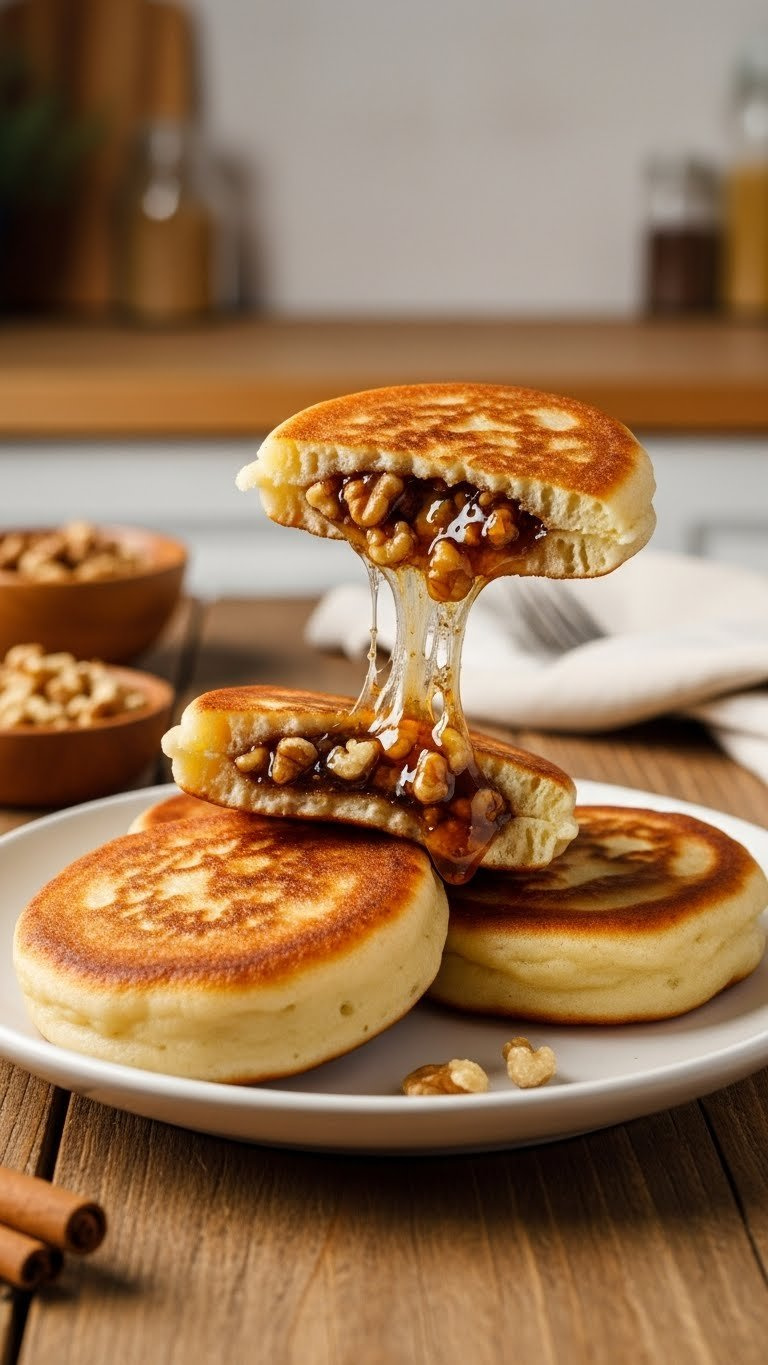 Golden-Brown Hotteok Pancakes, One Revealing Gooey Brown Sugar And Walnut Filling, On A White Plate On A Rustic Table. Inviting Korean Sweet Dessert.