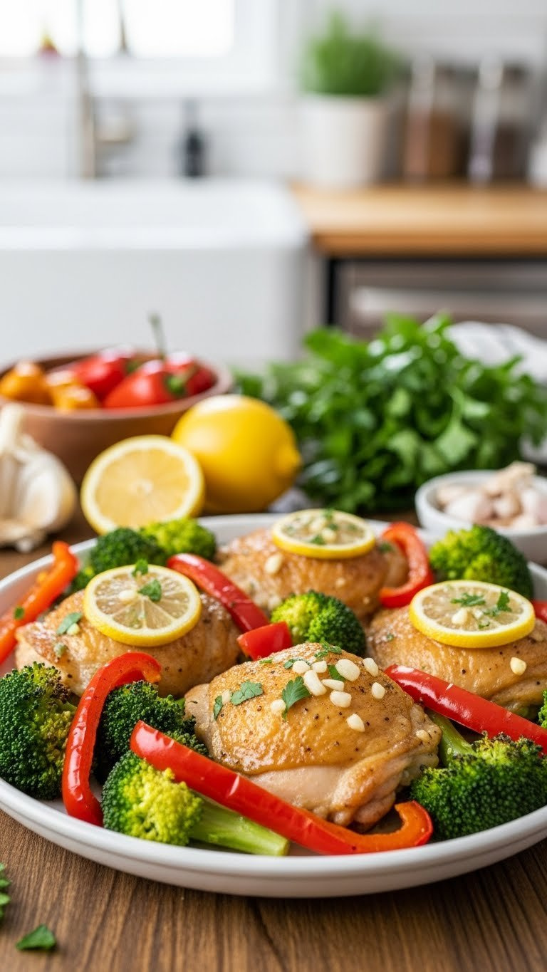 Golden-Brown Instant Pot Lemon Garlic Chicken With Roasted Broccoli And Red Bell Peppers, Garnished With Fresh Lemon And Parsley, On A Rustic Table.