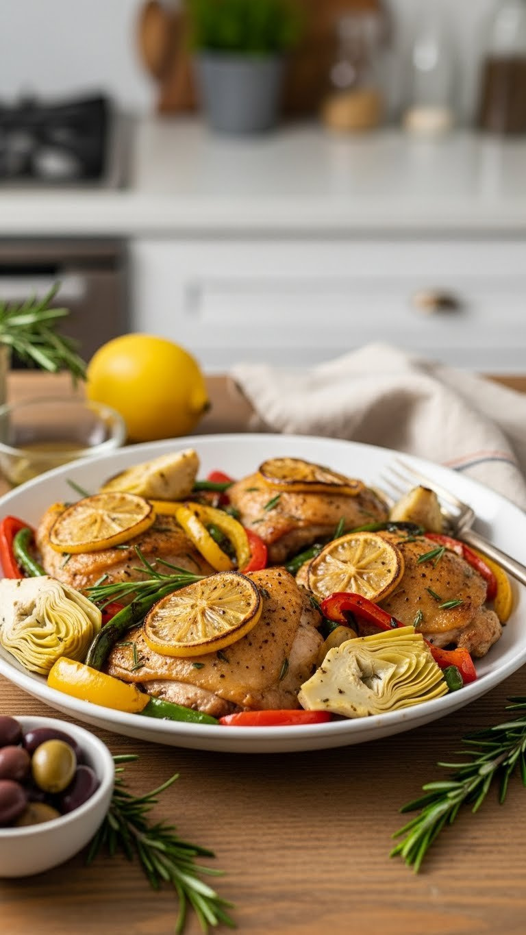 Golden-Brown Instant Pot Mediterranean Lemon Herb Chicken, Herbs, Lemon, Vibrant Vegetables, And Olive Oil On A Rustic Wooden Table.