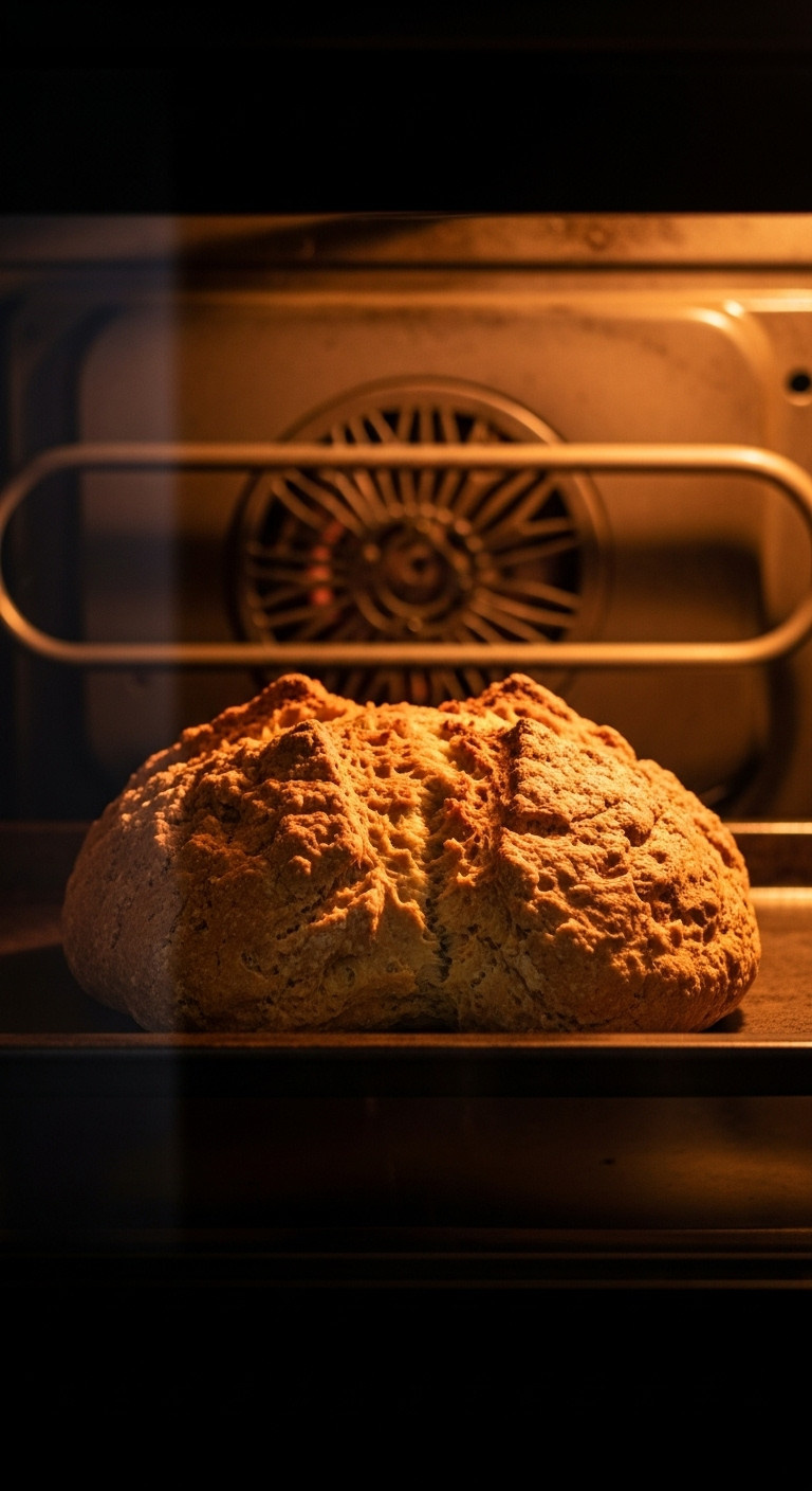 Golden Brown Irish Soda Bread With A Deep Craggy Cross Baking Inside An Oven, Seen Through The Door Window.
