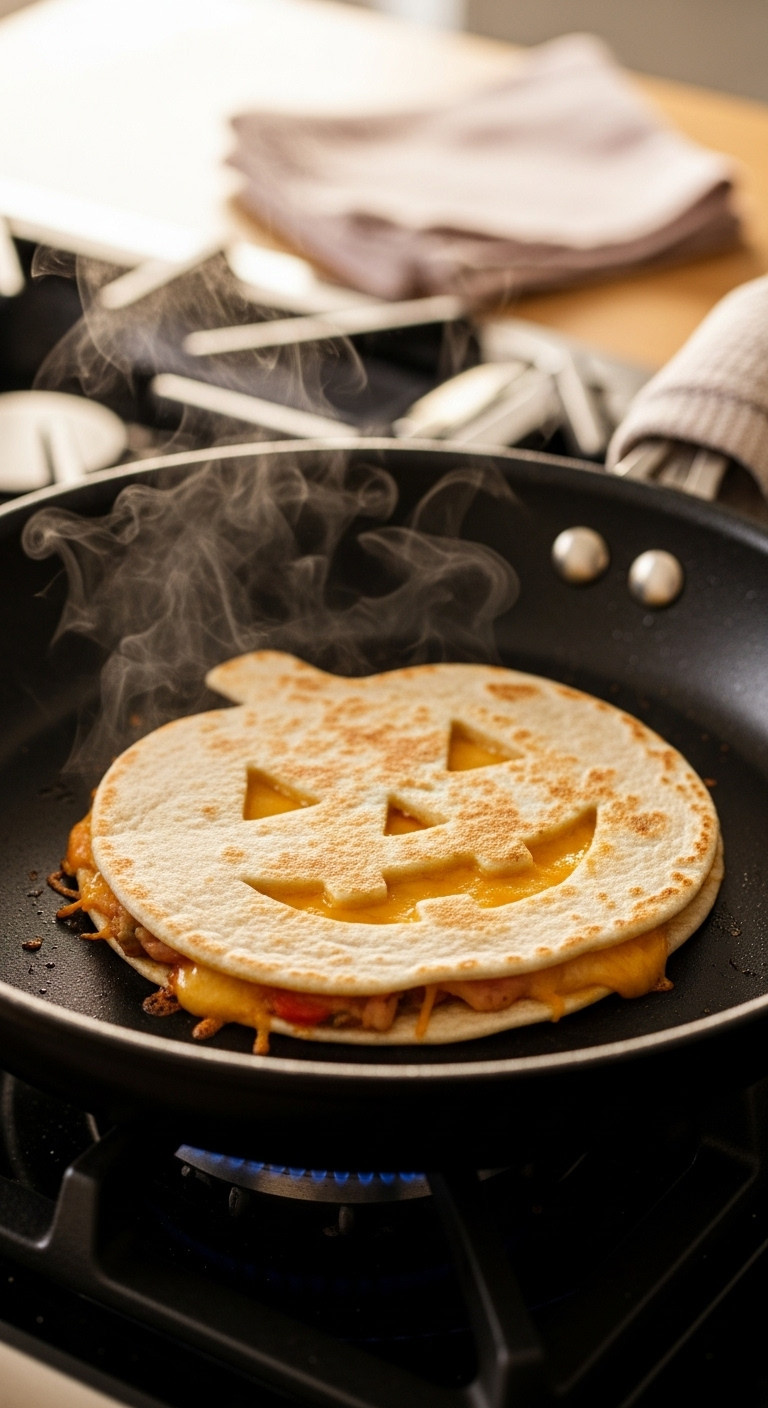 Golden-Brown Jack-O-Lantern Quesadilla Cooking In A Black Non-Stick Skillet With Melted Cheese Oozing From Face.