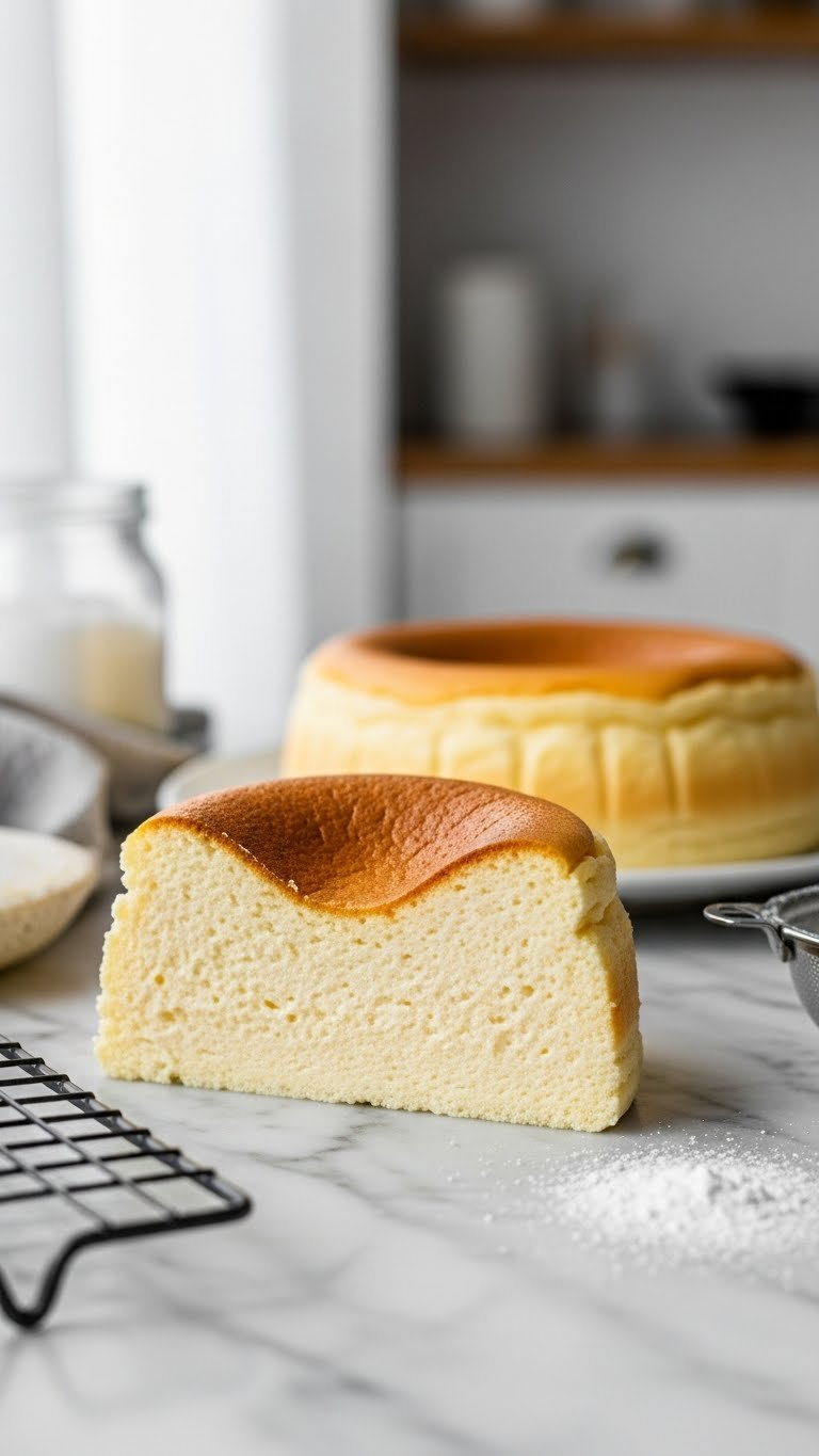 Golden-Brown Japanese Soufflé Cheesecake Segment, Airy And Smooth, On Marble With Wire Rack &Amp; Sugar Shaker. Delicious Gourmet Dessert.