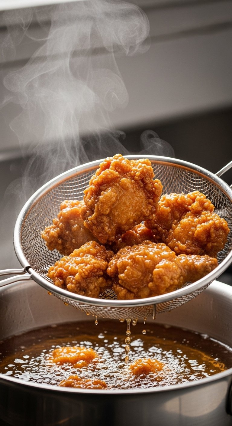 Golden Brown Korean Fried Chicken Pieces Being Lifted From Hot Oil In A Stainless Steel Spider Strainer.