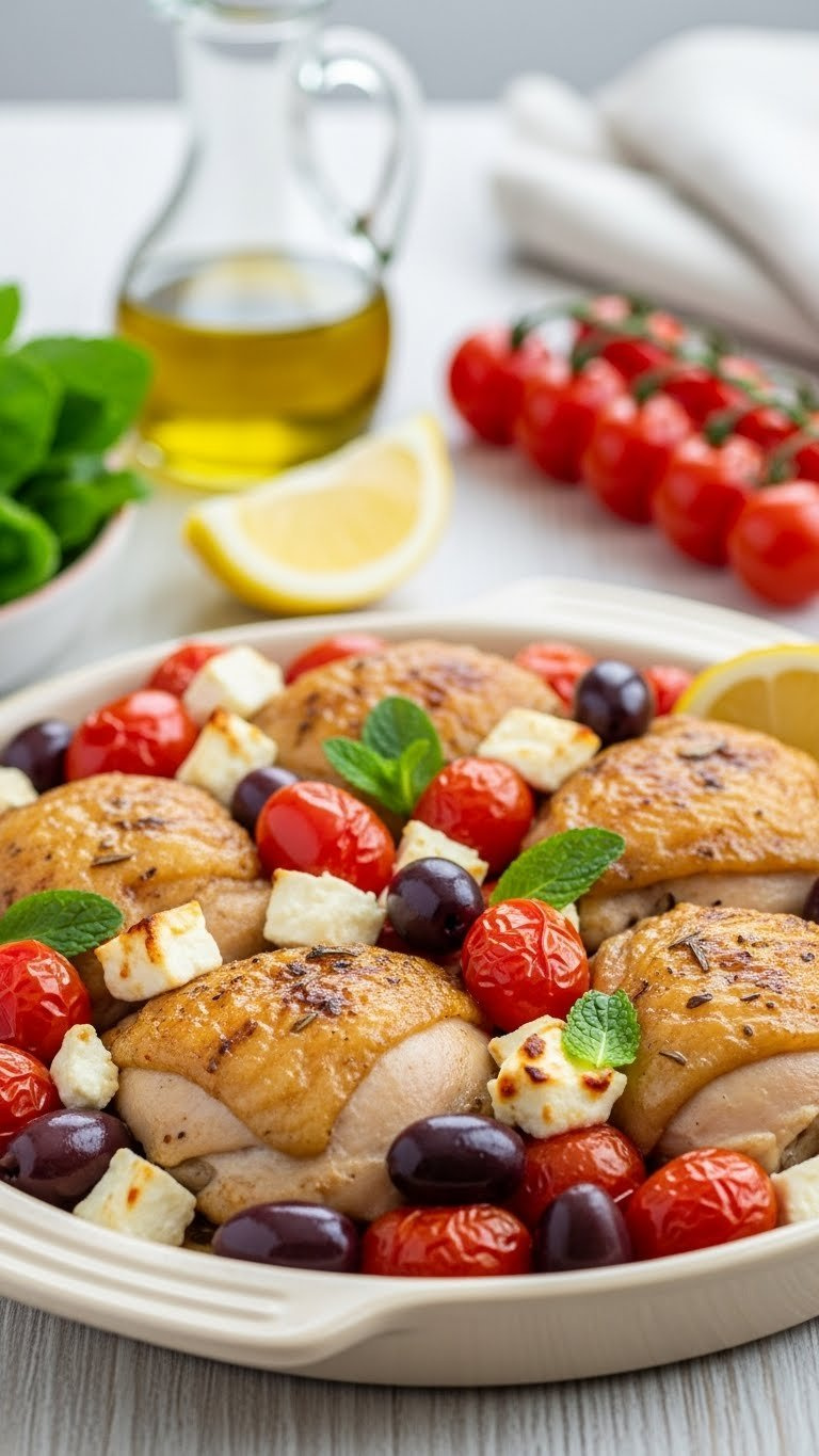 Golden-Brown Mediterranean Baked Chicken With Cherry Tomatoes, Kalamata Olives, Feta Cheese And Fresh Herbs On Ceramic Serving Dish.