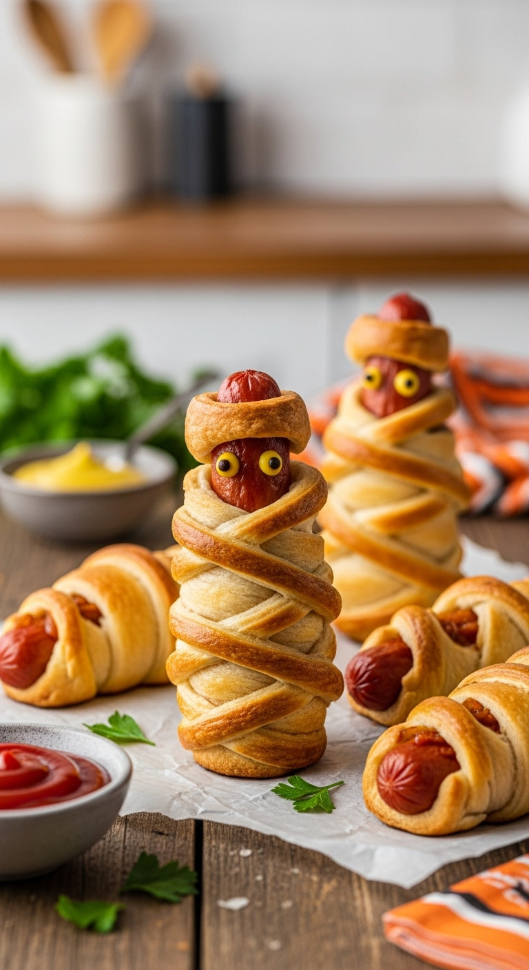 Golden-Brown Mummy Hot Dogs In Crescent Dough With Mustard Eyes, On A Rustic Table With Ketchup, Mustard, And Parsley.