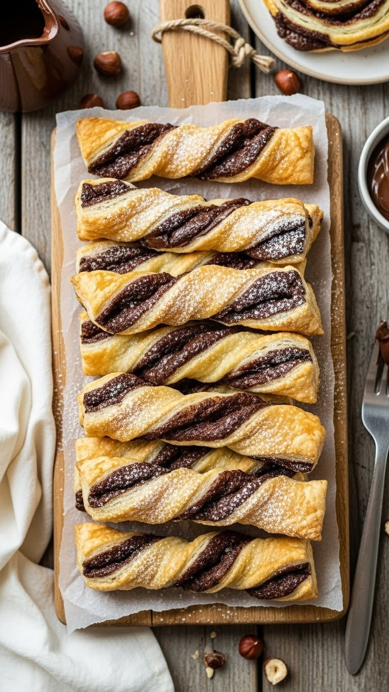 Golden Brown Nutella Puff Pastry Twists Dusted With Powdered Sugar, Melted Nutella On A Wooden Board. Crispy Dessert.
