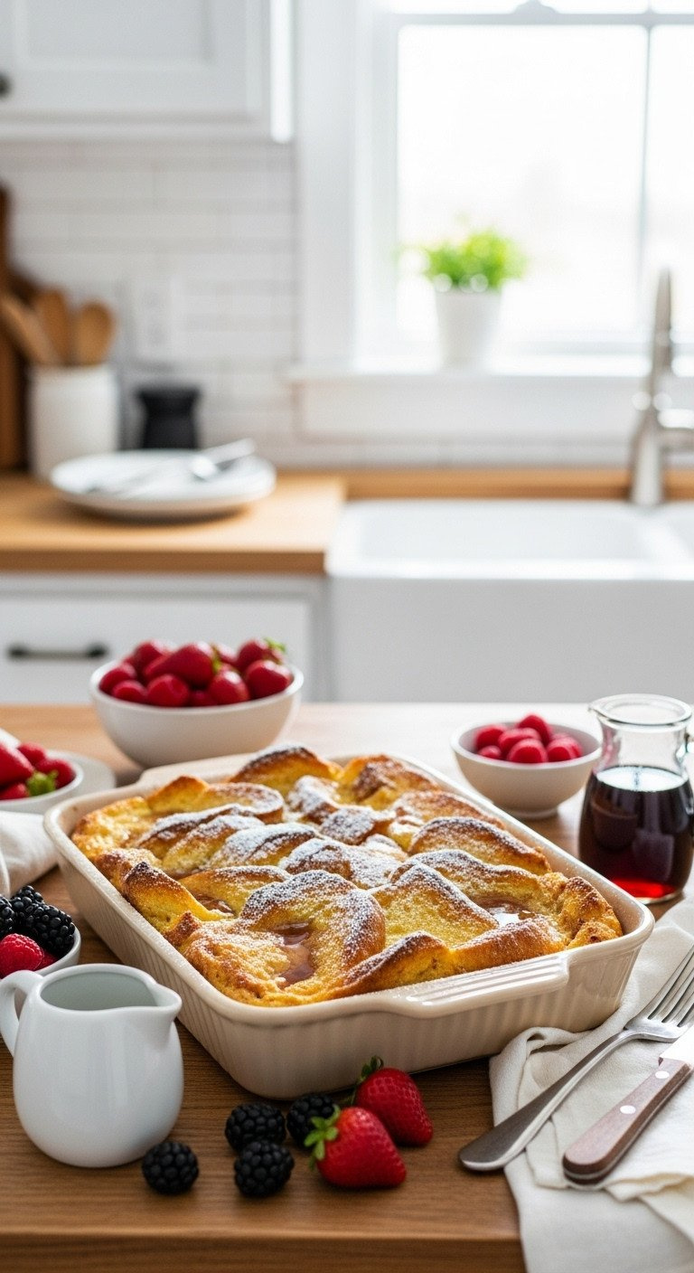 Golden-Brown Overnight French Toast Casserole In A Rustic Dish, Dusted With Powdered Sugar, Maple Syrup, And Fresh Berries On Wood.