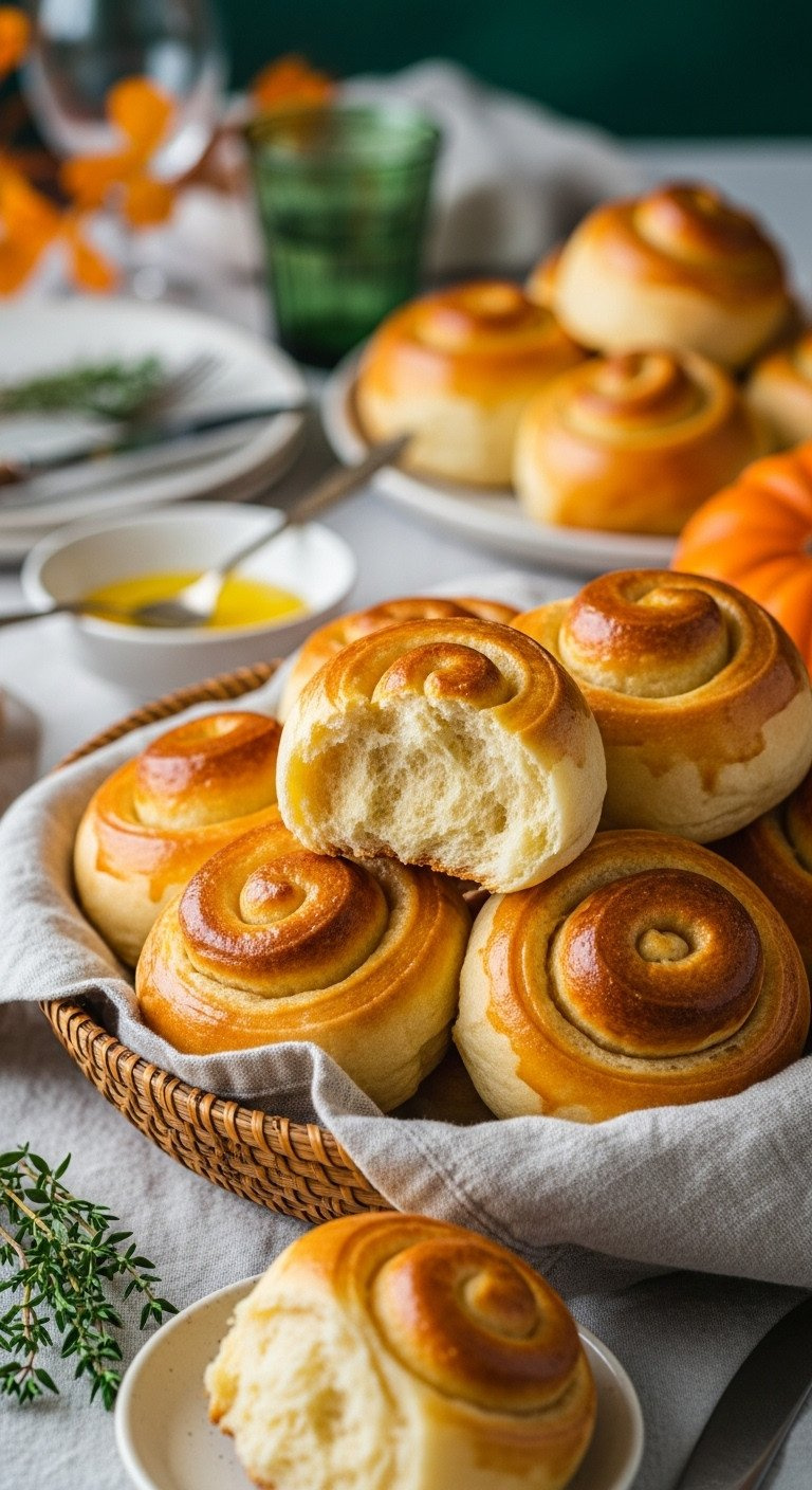 Golden-Brown Parker House Rolls In A Rustic Basket, One Broken. Buttery, Egg-Washed Dinner Rolls With Melted Butter And Fresh Thyme.