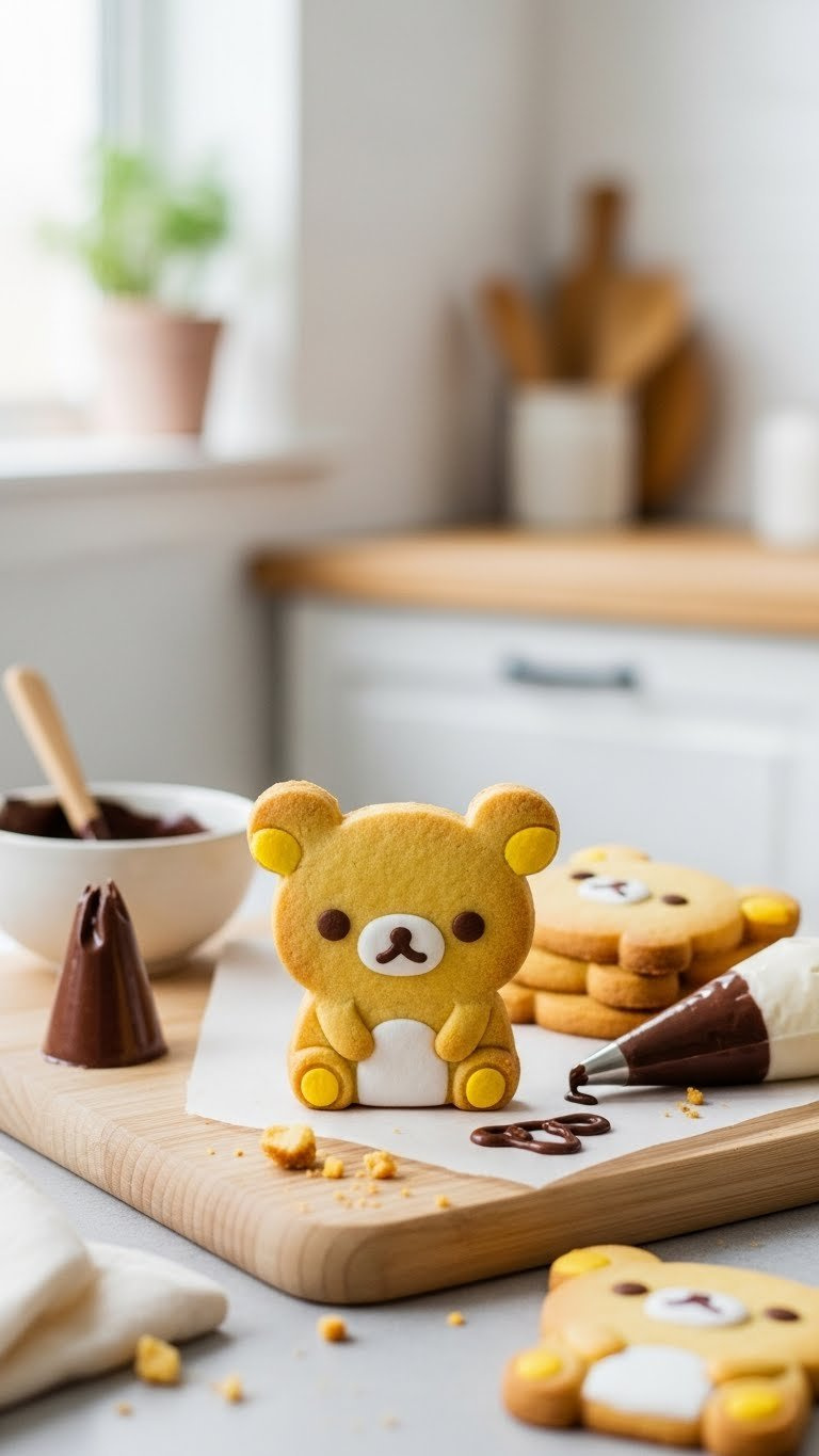 Golden-Brown Rilakkuma Bear Cookies With Minimalist Faces On A Wooden Cutting Board In Soft Natural Window Lighting