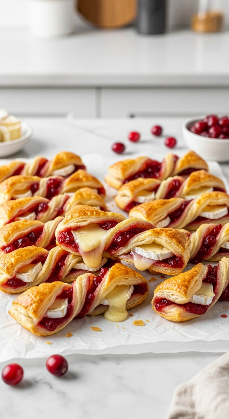 Golden-Brown Savory Cranberry Brie Puff Pastry Twists On Parchment Paper With Extra Cranberry Sauce On A Marble Countertop In Bright Studio Light