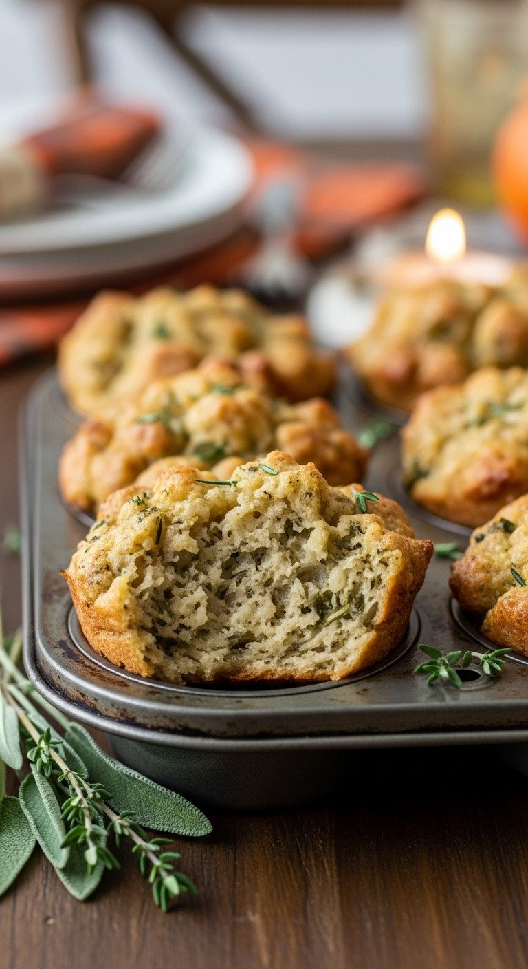 Golden-Brown Thanksgiving Stuffing Muffins In A Rustic Tin, Showcasing Crispy Tops And Savory Interiors With Fresh Sage.