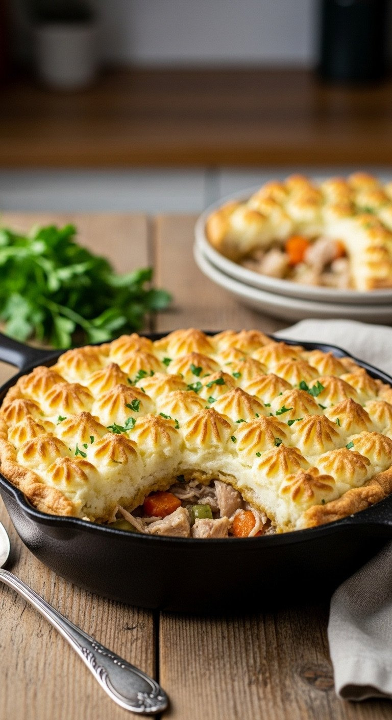 Golden-Brown Thanksgiving Turkey Pot Pie In A Cast Iron Skillet With Crispy Mashed Potato Topping, Savory Filling, Fresh Parsley.