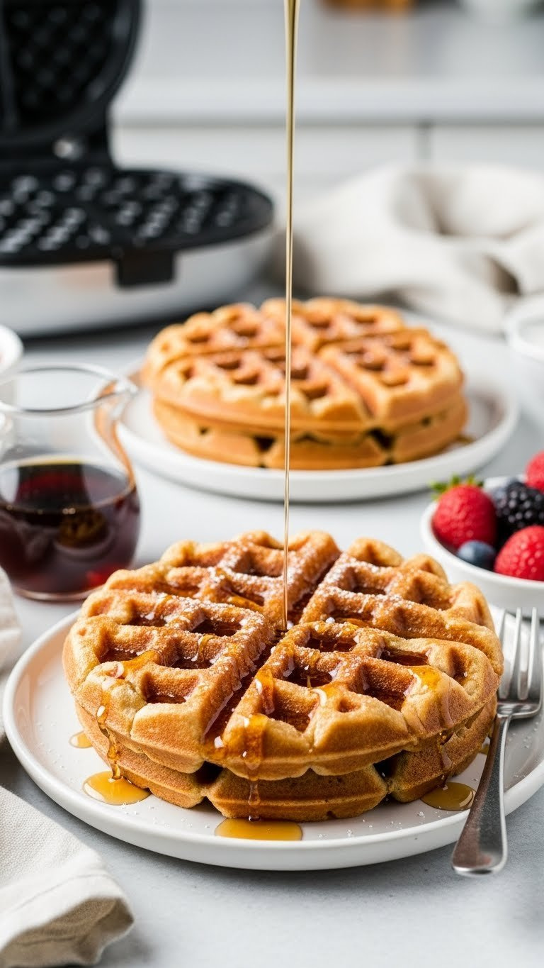 Golden-Brown Trim Healthy Mama Fuel Pull Waffle With Crispy Texture Drizzled With Sugar-Free Syrup On White Ceramic Plate
