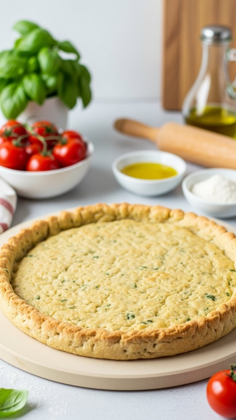 Golden-Brown Trim Healthy Mama Low-Carb Pizza Crust With Crisp Edge And Textured Surface Ready For Toppings On Pizza Stone