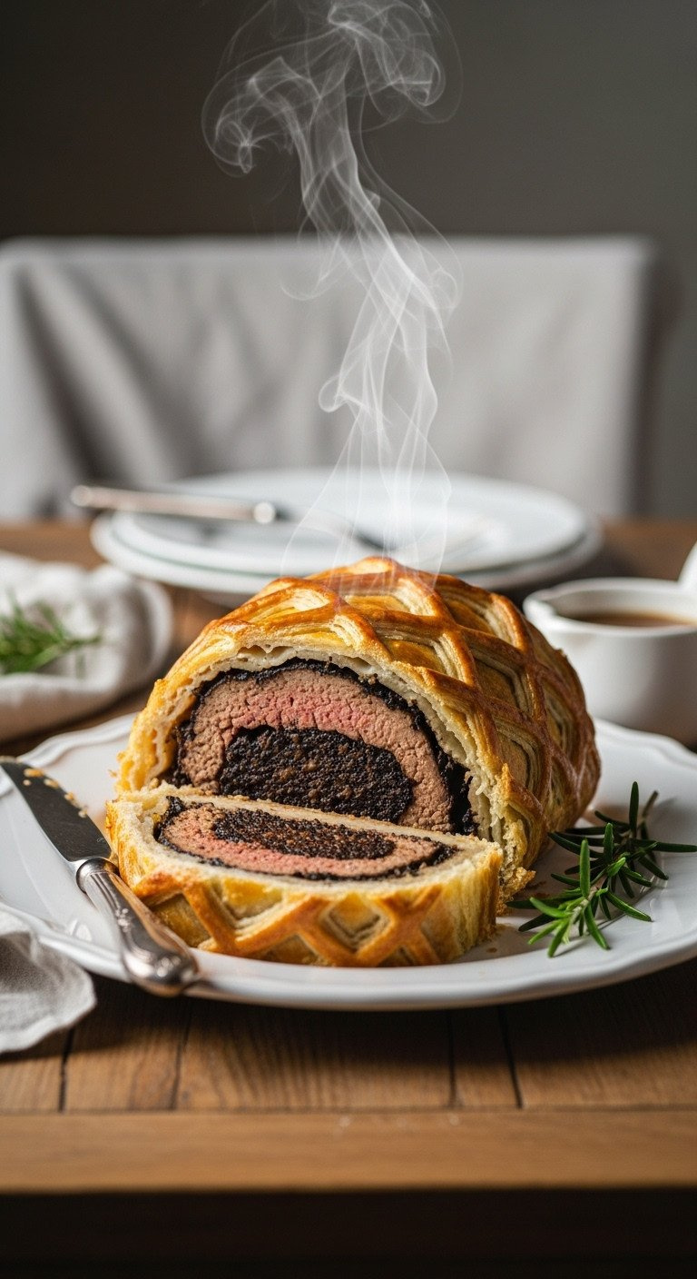 Golden-Brown Vegan Mushroom Wellington Slice Showing Flaky Puff Pastry, Rich Mushroom Duxelles, Garnished With Rosemary On An Elegant White Platter, Ready To Serve.