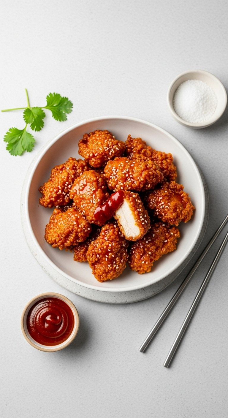 Golden-Brown Air-Fried Korean Chicken Pieces Piled In A Minimalist White Bowl With Gochujang Dipping Sauce And Metal Chopsticks.