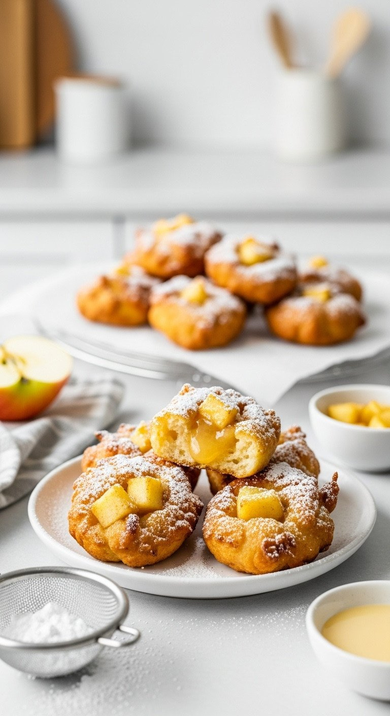 Golden-Brown Air Fryer Apple Fritters Dusted With Powdered Sugar, Piled On A White Plate. Crispy, Airy, Easy Homemade Apple Dessert.