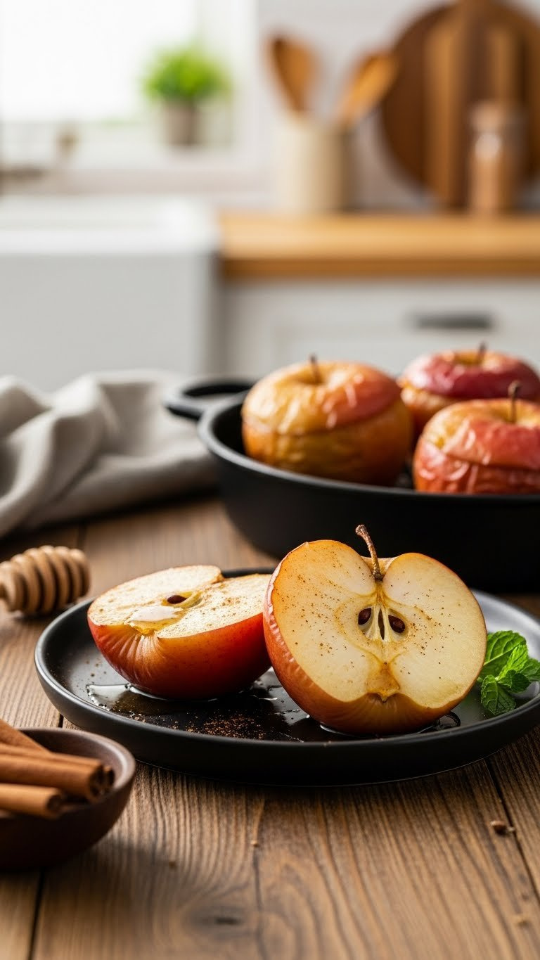 Golden-Brown Air Fryer Baked Apple Halves Glistening With Cinnamon On Rustic Wooden Table With Warm Golden Hour Lighting
