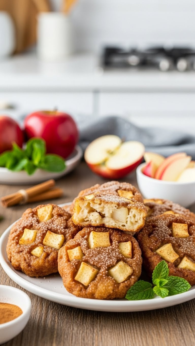 Golden-Brown Air Fryer Gluten-Free Apple Fritters With Visible Apple Chunks On Rustic Wooden Table