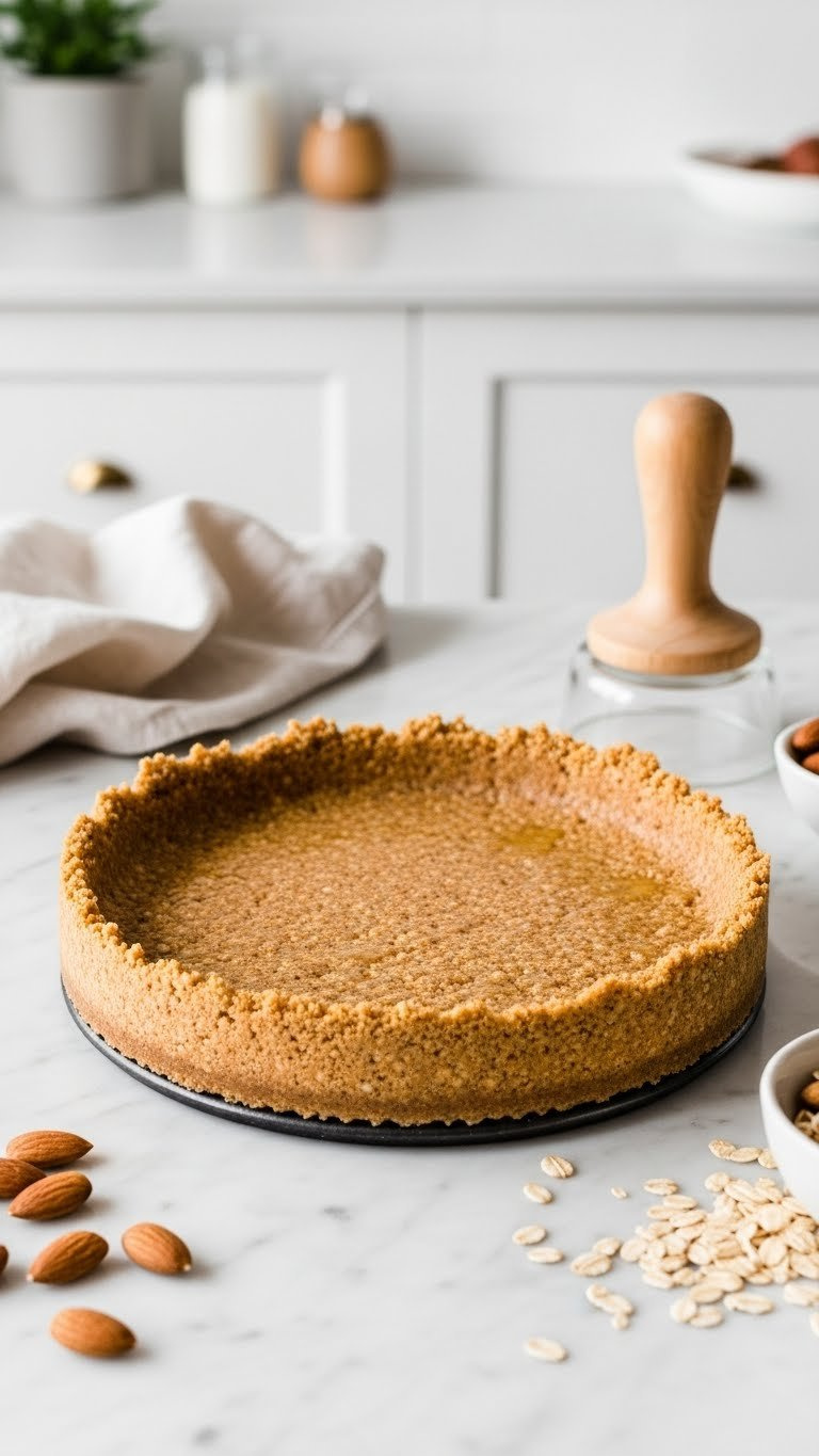 Golden Brown Almond Flour And Oat Cheesecake Crust Pressed In Springform Pan On Marble Surface