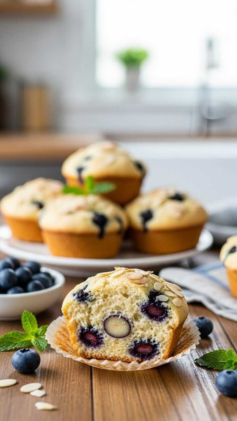 Golden-Brown Almond Flour Blueberry Muffins With Juicy Blueberries On Rustic Wooden Table With Soft Natural Lighting