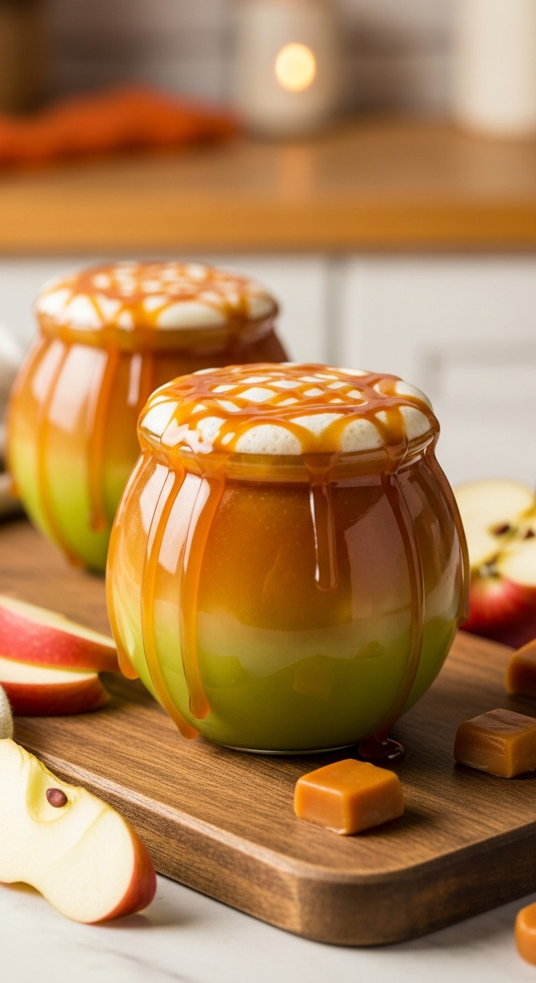 Golden Brown And Green Layered Caramel Apple Cauldron Loaded Tea With Caramel Drizzle In A Mug On A Wooden Board With Apple Slices