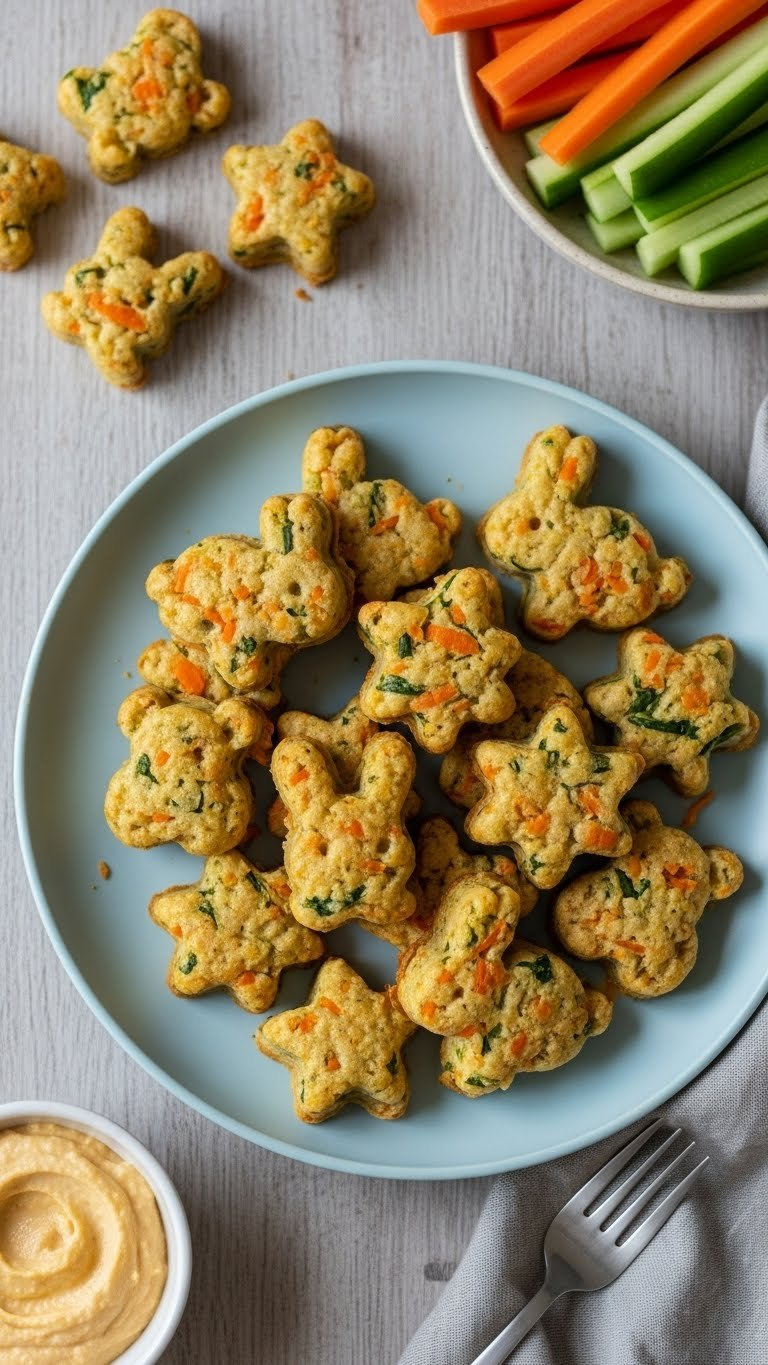 Golden-Brown Animal-Shaped Savory Veggie Bites With Colorful Vegetable Flecks Arranged On Light Blue Ceramic Plate