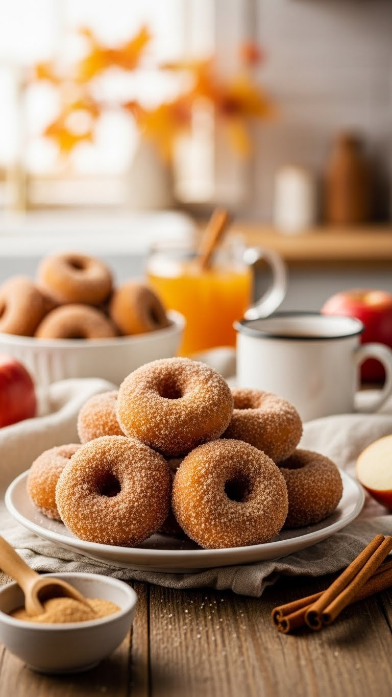 Golden-Brown Apple Cider Donut Holes Coated In Cinnamon Sugar With Warm Lighting On Rustic Autumn Kitchen Background