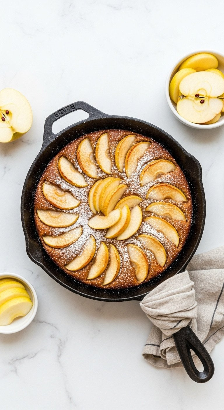 Golden-Brown Apple Cinnamon Skillet Cake, Caramelized Apple Slices, Powdered Sugar In Cast-Iron Pan On Marble.