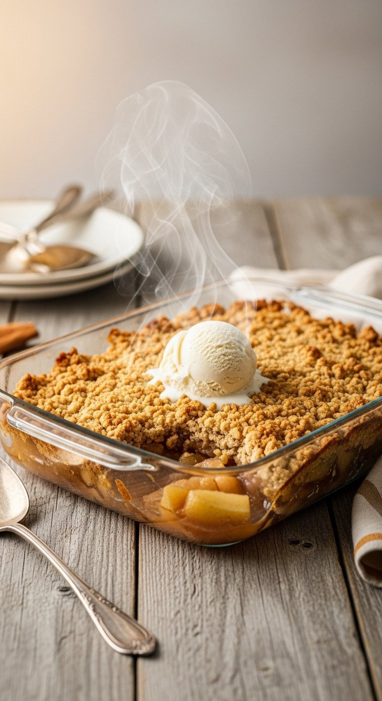 Golden-Brown Apple Crisp In A Glass Dish With Bubbling Apples, Steam, And Melting Vanilla Ice Cream. Cozy Fall Dessert On A Wooden Table.