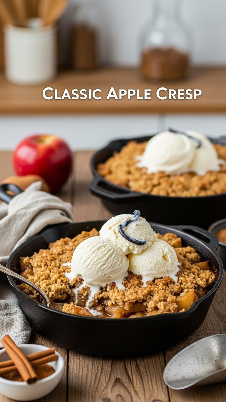 Golden-Brown Apple Crisp In Cast Iron Skillet, Topped With Melting Vanilla Ice Cream, Cinnamon, On Rustic Wooden Table With Warm Light. Homemade Dessert.