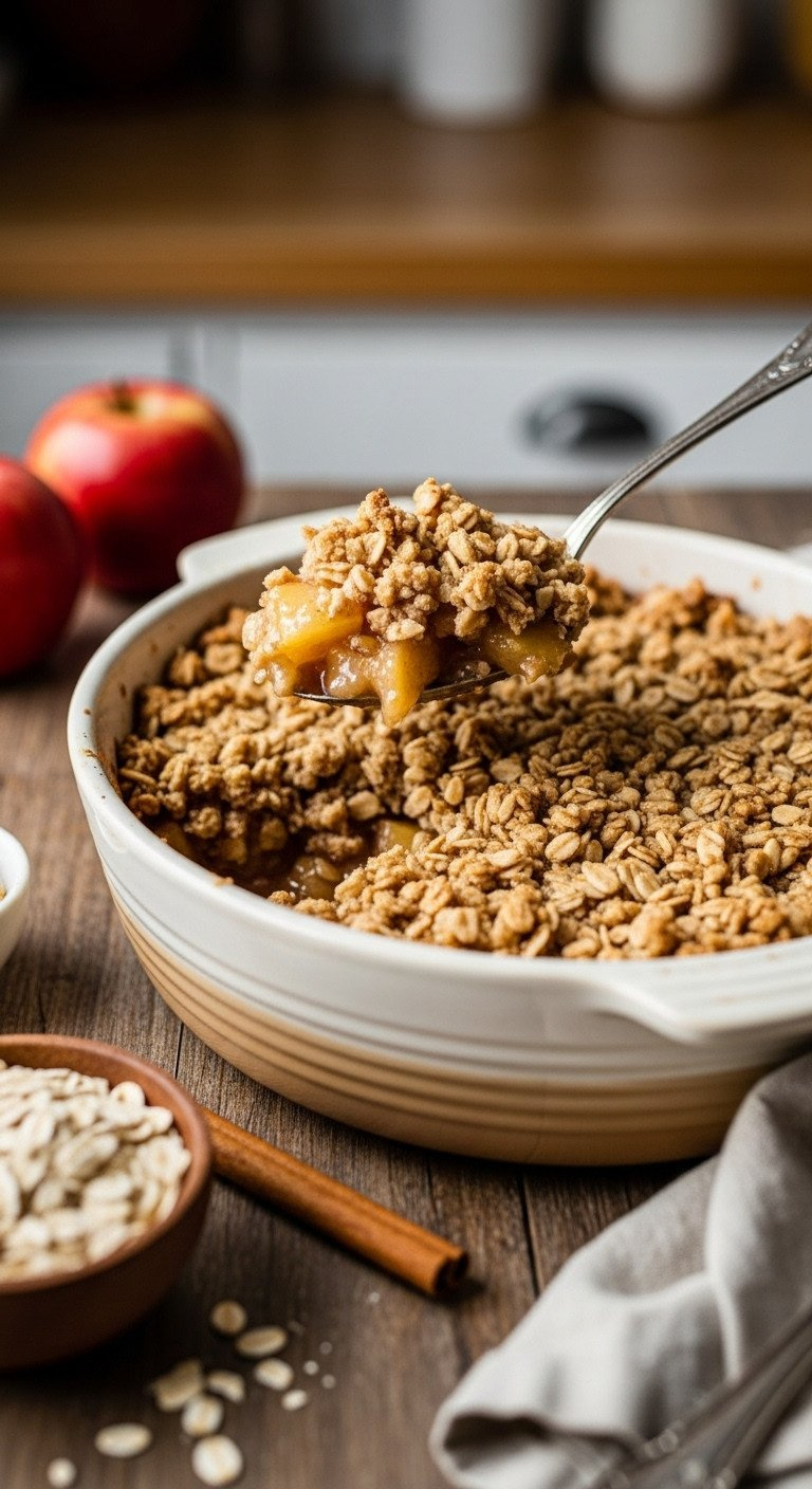 Golden-Brown Apple Crisp In Rustic Ceramic Dish, Scoop Lifted By Vintage Spoon Revealing Bubbling Apple Filling And Crunchy Oat Topping, On A Wooden Table.
