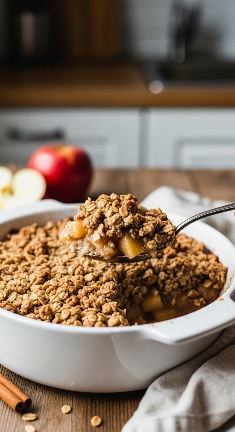Golden-Brown Apple Crisp Scooped From A White Ceramic Dish, Revealing Warm, Bubbly Apple Filling And Crunchy Oat Topping On A Rustic Wooden Table.