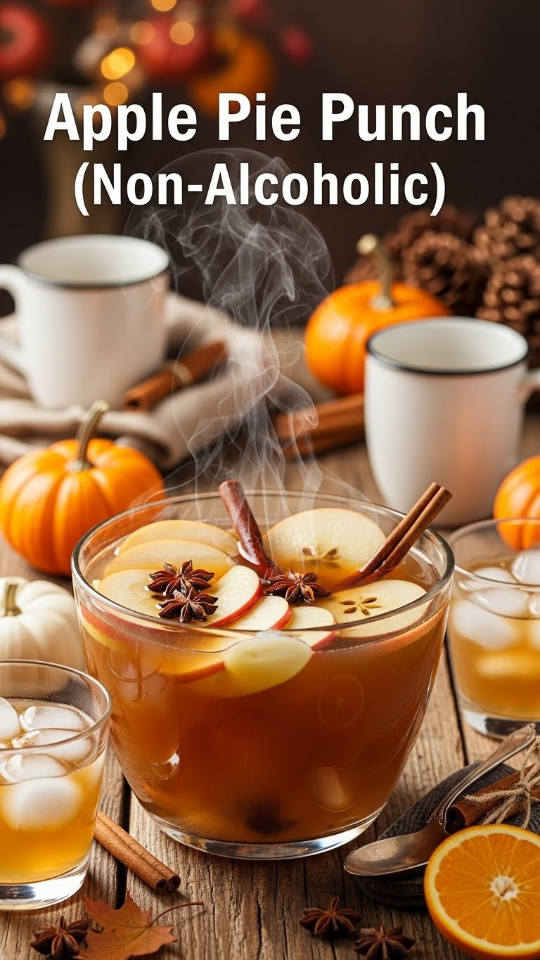 Golden-Brown Apple Pie Punch In Large Bowl With Floating Apple Slices And Cinnamon Sticks For Festive Autumn Gathering