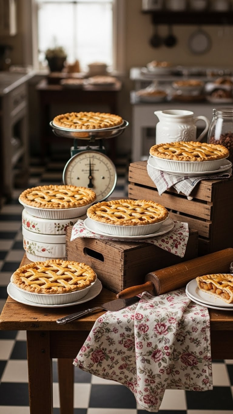 Golden-Brown Apple Pies With Lattice Tops Arranged On Antique Wooden Crates With Vintage Ceramic Dishes