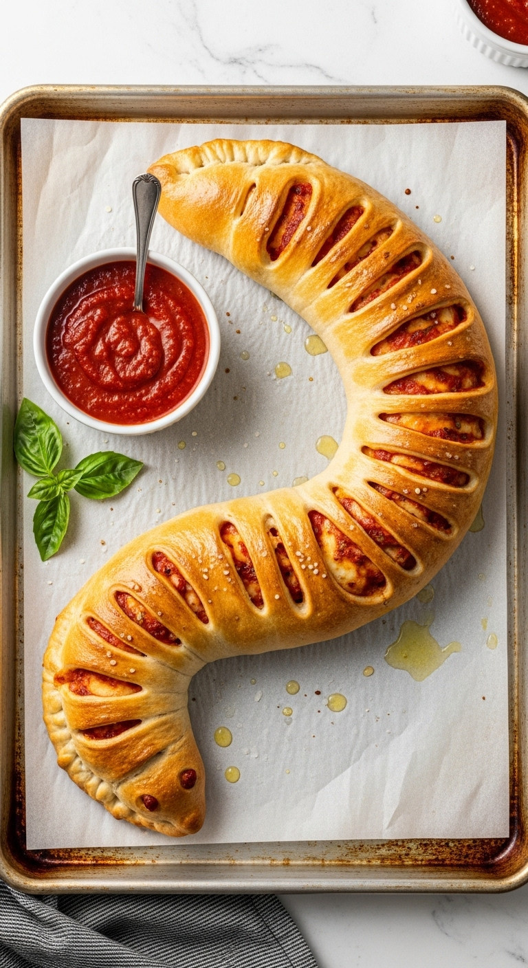 Golden-Brown Baked Calzone Snake On A Baking Sheet With Marinara Dipping Sauce And Basil Leaves On A Kitchen Countertop