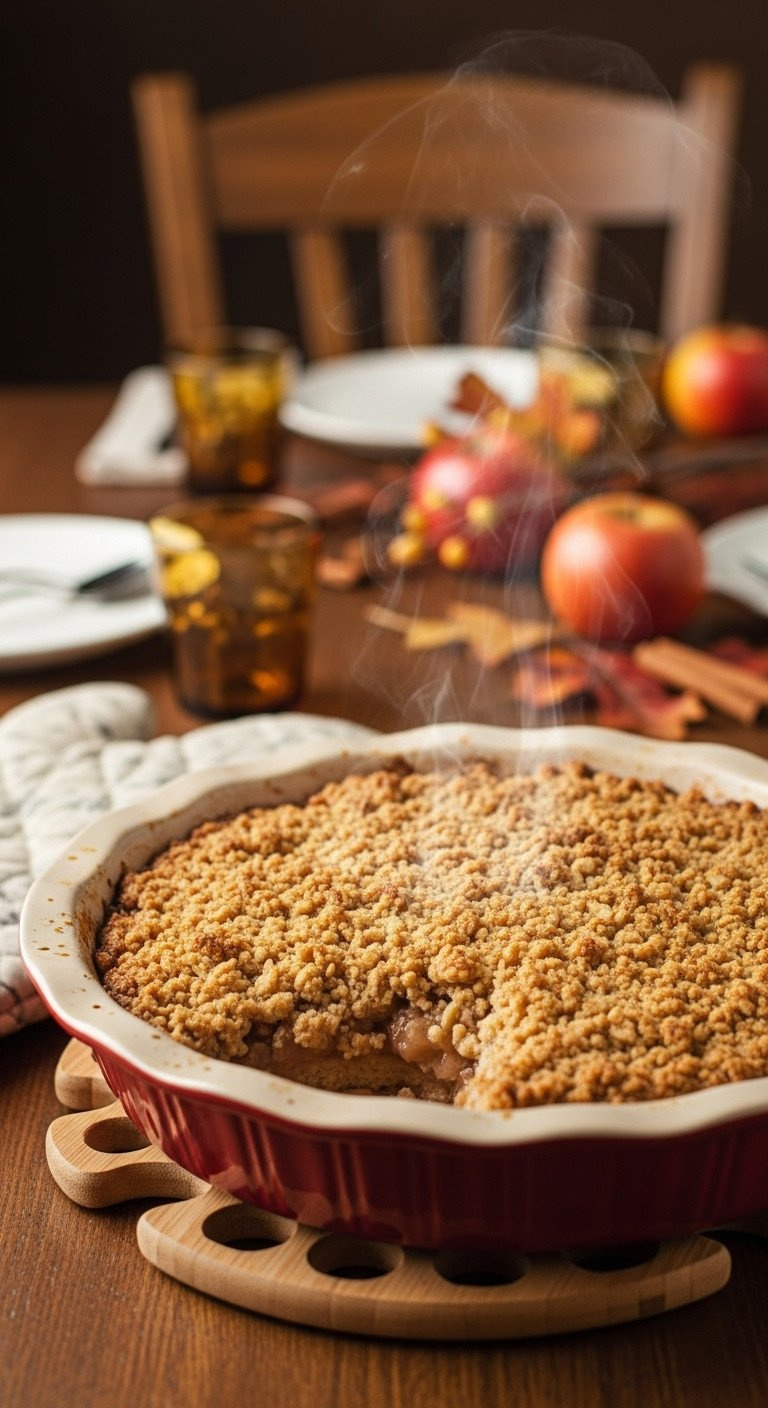 Golden Brown Baked Apple Crisp In Its Dish, Crunchy Topping, Bubbly Fruit. Warm Autumn Dessert.