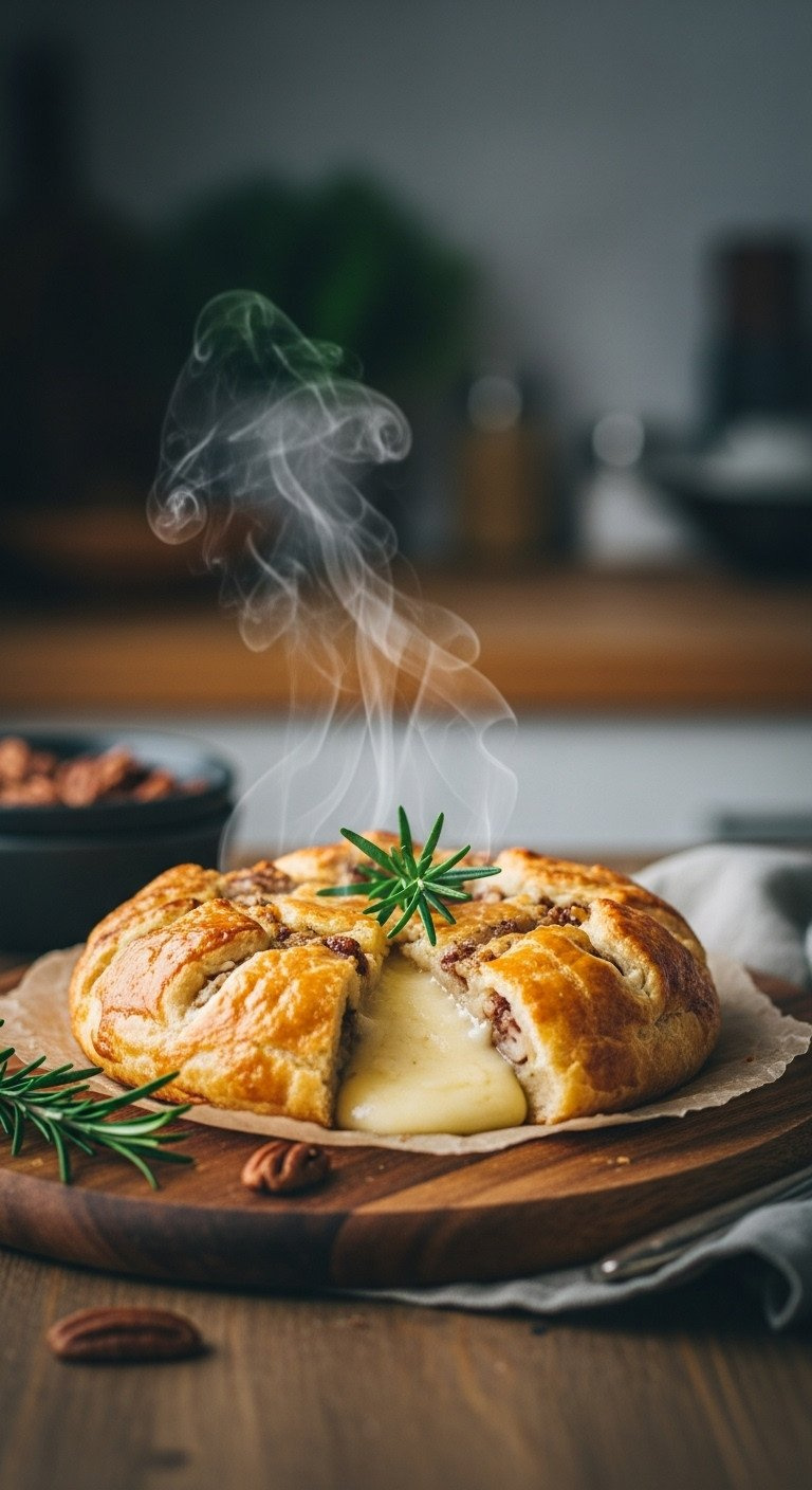Golden-Brown Baked Brie En Croûte With Steam, Cooling On A Rustic Wooden Board With Rosemary And Pecans For Serving.