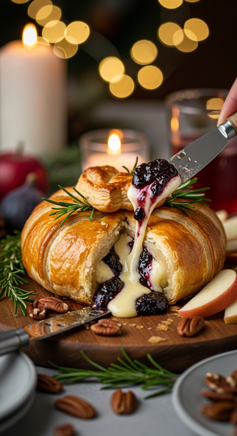 Golden Brown Baked Brie With Jam In Puff Pastry Molten Gooey Cheese And Fig Jam Cascading Out